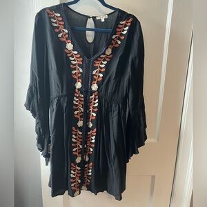 Embroidered Black Dress with Orange Accents